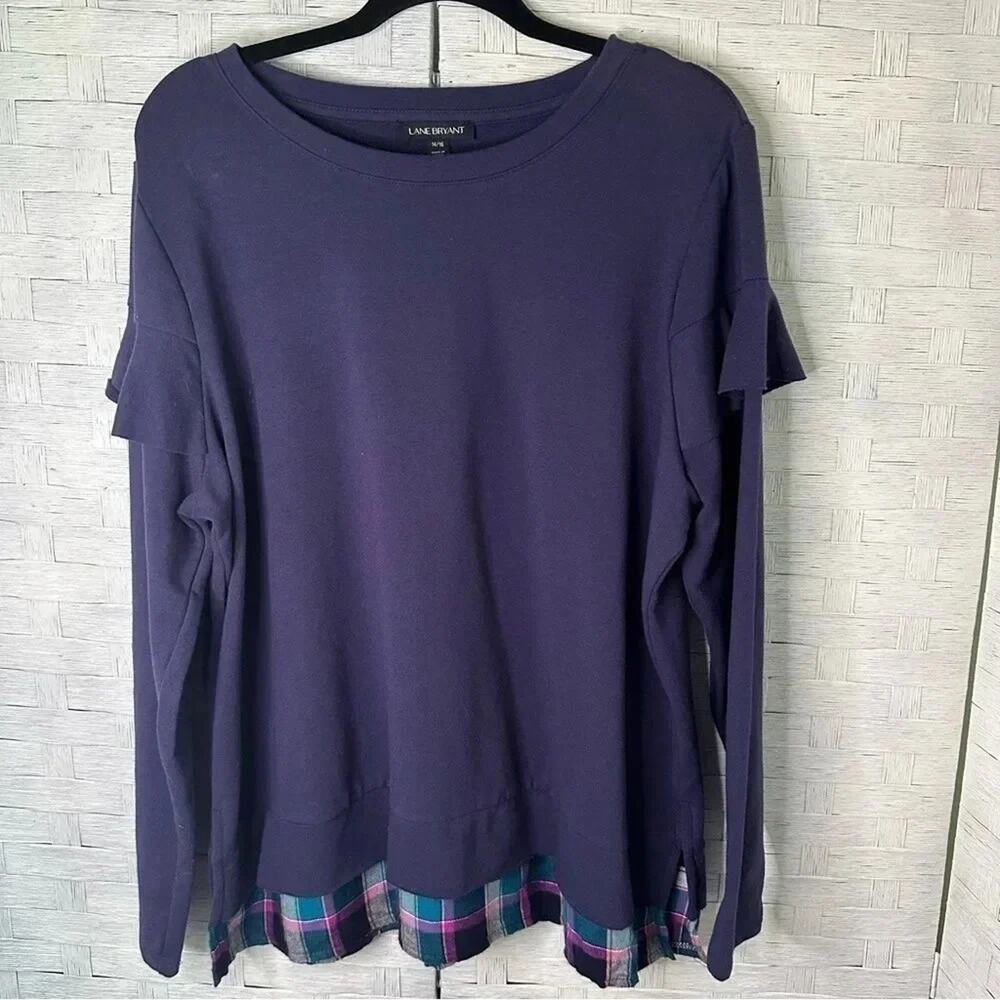 Lane Bryant Womens Long sleeve ruffle sleeve plaid shirt tail bottom
